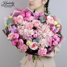 Большой букет живых цветов из роз Афина, маттиолы, эустомы, гортензий, гвоздик, эвкалипта, пионовидые розы Сильва арт 301