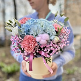 Коробка с голубой гортензией и диантусами