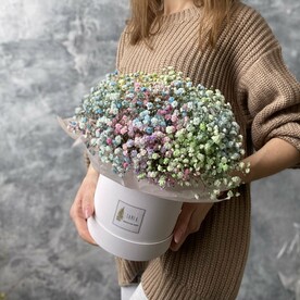 Шляпная коробка  с радужкой гипсофилой