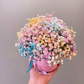 Композиция разноцветной гипсофилы в шляпной коробке