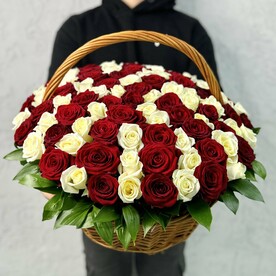 101 красно-белая роза в корзине