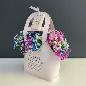 Радужная гипсофила в стильной сумочке. Букет 30