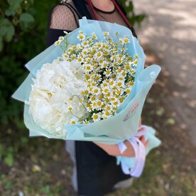 Букет с ромашками и гортензией