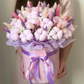 Вечные сухоцветы в коробке, розовый букет с хлопком 108