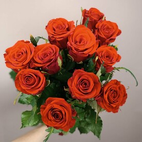 11 ярких красных роз с ленточкой. 50 см