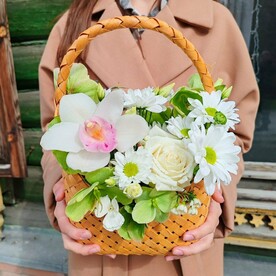 Корзина с белой орхидеей, ромашками и сезонной зеленью