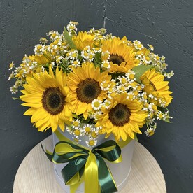 Подсолнух с ромашкой в коробке
