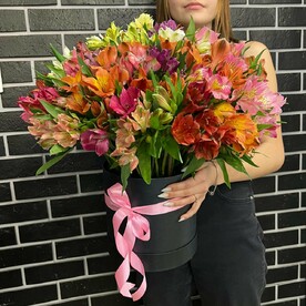 Коробка из 71 альстромерии микс в шляпной коробке