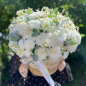 Хризантема кустовая и ромашка полевая в плетеном кашпо