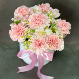 Букет в коробке -диантус, альстромерия и ромашка