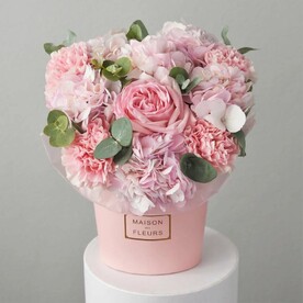 Цветы в коробке «Розовое кружево» гортензия и диантусы