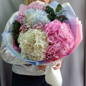Букет с Гортензиями и эвкалиптом в упаковке