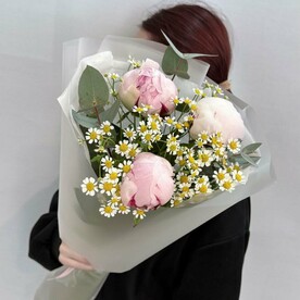 Букет пион Сара Бернар и ромашка кустовая (А010)