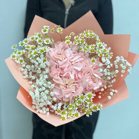 Букет-комплимент из гортензии, ромашек и пушистой гипсофилы