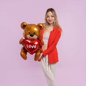 Воздушный шар 3D (20''/51 см) Фигура, Сидячий мишка с сердцем,  24255
