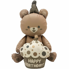 Воздушный шар 3D (23''/58 см) Фигура, Мишка с капкейком, Бежевый, Сатин, 24873