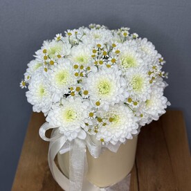 Коробочка с хризантемами и ромашкой