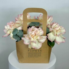 5 французских роз с эвкалиптом в сумочке