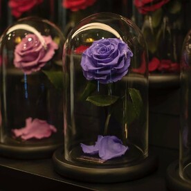 Сиреневая «VIP» Роза в колбе в подарочной коробке- живет 5 лет. 29 см