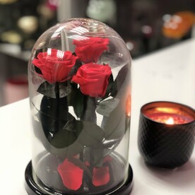 Трио «Мини» красные Розы в колбе в подарочной коробке- живет 5 лет. 22 см