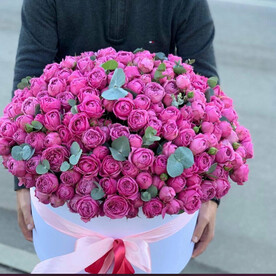 101 пионовидная кустовая роза Мисти Баблз в коробке