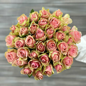 Букет из 35 зелено-розовых роз с лентой Кения 40 см