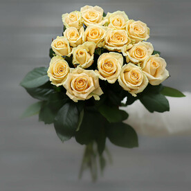 Букет из 15 кремовых роз (Россия) с лентой 60 см