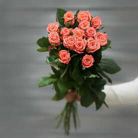 Букет из 13 коралловых роз (Россия) с лентой 60 см