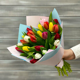 Букет из 25 разноцветных тюльпанов