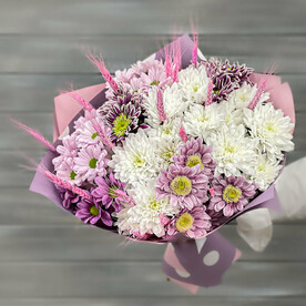 Букет из 9 кустовых хризантем и пшеницы