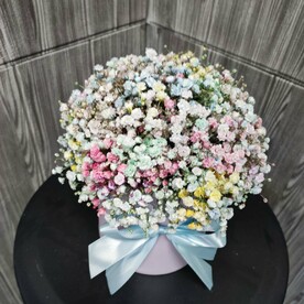 Радужная гипсофила в шляпной коробке