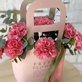 Розовые гвоздики в крафтовой сумке