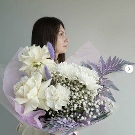 Лагурус, Диантус, Роза, Папоротник, Гипсофила, Упаковка