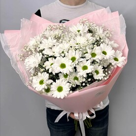 Дуо-букет из кустовой ромашковой хризантемы с гипсофилой