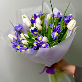 Букет синие ирисы  и белые тюльпаны