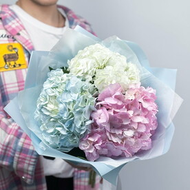 Нежный букет из голубой , розовой и белой гортензии (микс) (размер S)