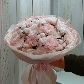 Букет из кустовой хризантемы ,хлопка и лагуруса    Персиковый джем