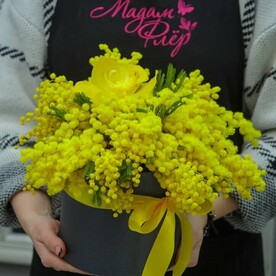 Коробка с мимозой и орхидеей