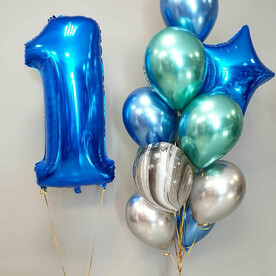Облако из воздушных шаров с гелием на день рождения, годик, синее