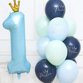 Облако из воздушных шаров с гелием на день рождения, годик, шар цифра 1 с короной голубая