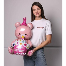 Воздушный шар с гелием фольгированная фигура Медведь с кексом розовый