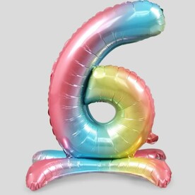 Воздушный шарик цифра на подставке 6 радуга - 81см