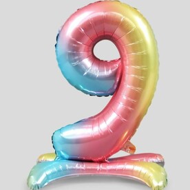 Воздушный шарик цифра на подставке 9 радуга - 81см