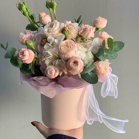 Кустовые розы и гортензия в коробке