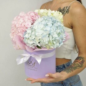 Разноцветные гортензии в шляпной коробке