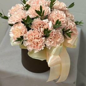 Нежный диантус с эвкалиптом  в шляпной коробке