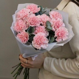 Букет из 11 розовых гвоздик с эвкалиптом