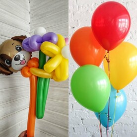 Мини фигура Собачка с букетом цветов + гелиевые шары