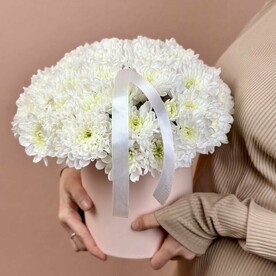 Воздушная композиция из белой хризантемы в розовой коробке 0954К