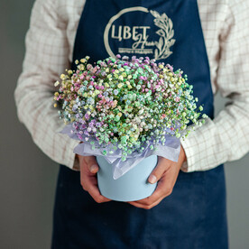 Воздушная гипсофила в шляпной коробке размер S, 1597